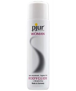 Pjur Woman silicone personal lubricant 3.4 oz bottle with blue accents on clean white background