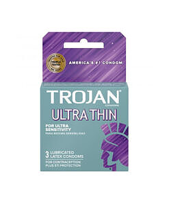 Trojan Ultra-Thin Lubricated Condoms pack of 3 foil-wrapped condoms on a light background