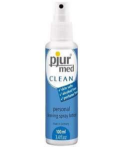 Pjur Med Clean Intimate Cleaning Spray 3.4 oz bottle on a white bathroom shelf
