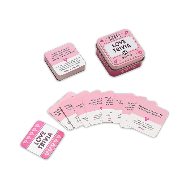 After Dinner Amusements Love Trivia 50 Questions Game box with pastel hearts and question cards on a date night table setting.