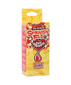 Doc Johnson Spanish Fly Sex Drops Cherry Vanilla 1oz bottle on a white background next to the colorful box.