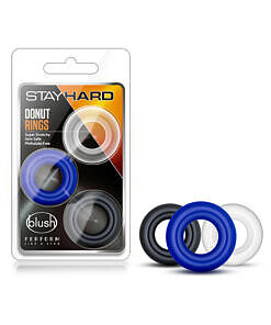 Stay Hard Donut Rings cockring set in assorted colors displayed on a white background