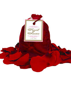 Close-up of deep red silk rose petals scattered on a white bedspread
