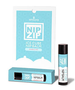 Sensuva Nip Zip Ice Cube Nipple Balm tin with strawberry mint smooth pink balm on red silk background.
