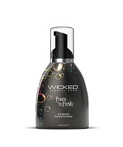 Wicked Foam 'n Fresh Anti-Bacterial Foaming Toy Cleaner bottle against a playful pink background with foam bubbles.
