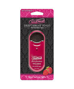 Goodhead to Go Deep Throat Spray .33oz Sweet Strawberry bottle with spray nozzle on a pink background.