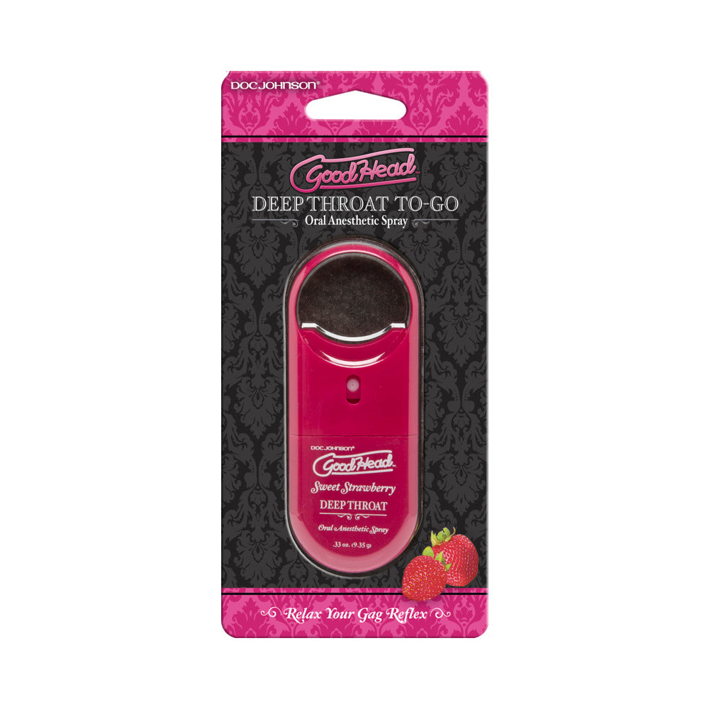 Goodhead to Go Deep Throat Spray .33oz Sweet Strawberry bottle with spray nozzle on a pink background.
