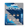 Doc Johnson Alkaline Batteries LR44 pack of six button cells on white background next to a silver bullet vibrator