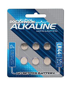 Doc Johnson Alkaline Batteries LR44 pack of six button cells on white background next to a silver bullet vibrator