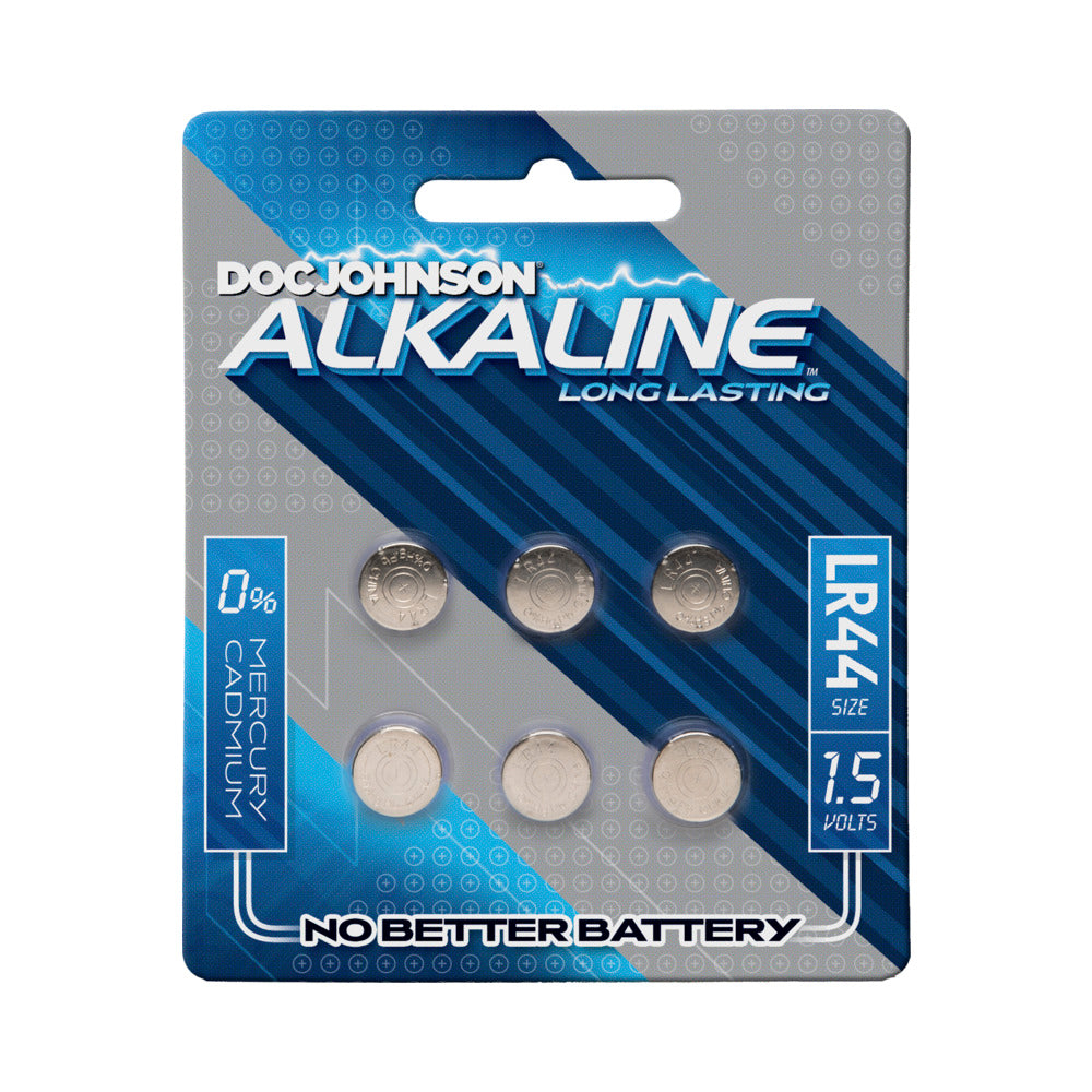 Doc Johnson Alkaline Batteries LR44 pack of six button cells on white background next to a silver bullet vibrator