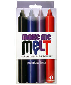 Four Make Me Melt Sensual Warm-Drip Candles in passionate colors lined up