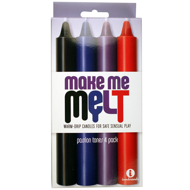 Four Make Me Melt Sensual Warm-Drip Candles in passionate colors lined up