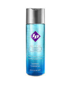 ID Glide water based lubricant 2.2 fl oz disc cap bottle on white background with soft reflection.