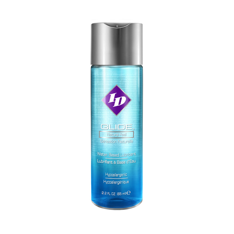 ID Glide water based lubricant 2.2 fl oz disc cap bottle on white background with soft reflection.