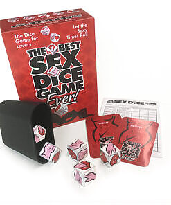 The Best Sex Dice Game Ever set with five dice and two card decks on a nightstand
