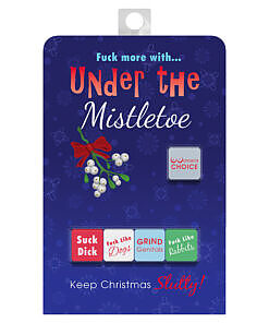 Under the Mistletoe Game adult Christmas party game box with colorful action dice and silver decision die on a festive table.