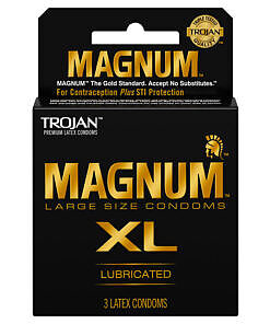 Trojan Magnum XL 3pk condom box showing extra-large size marking and foil wrappers