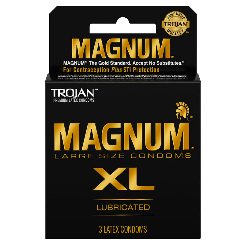 Trojan Magnum XL 3pk condom box showing extra-large size marking and foil wrappers