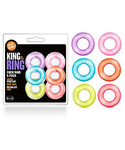 Play with Me King of the Ring Cockring 6-Pack assorted colors on a white surface with red