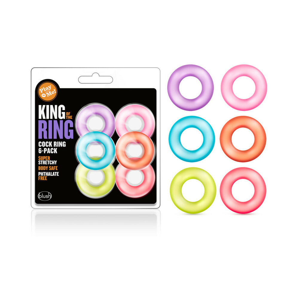 Play with Me King of the Ring Cockring 6-Pack assorted colors on a white surface with red