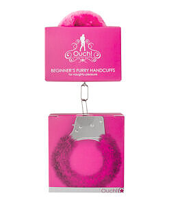 Ouch! Beginner's Furry Handcuffs With Quick-Release in pink by Shots - metal lock with soft faux fur