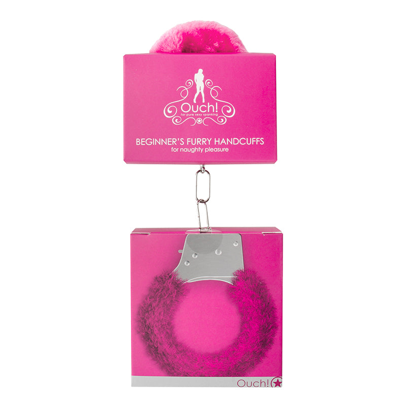 Ouch! Beginner's Furry Handcuffs With Quick-Release in pink by Shots - metal lock with soft faux fur