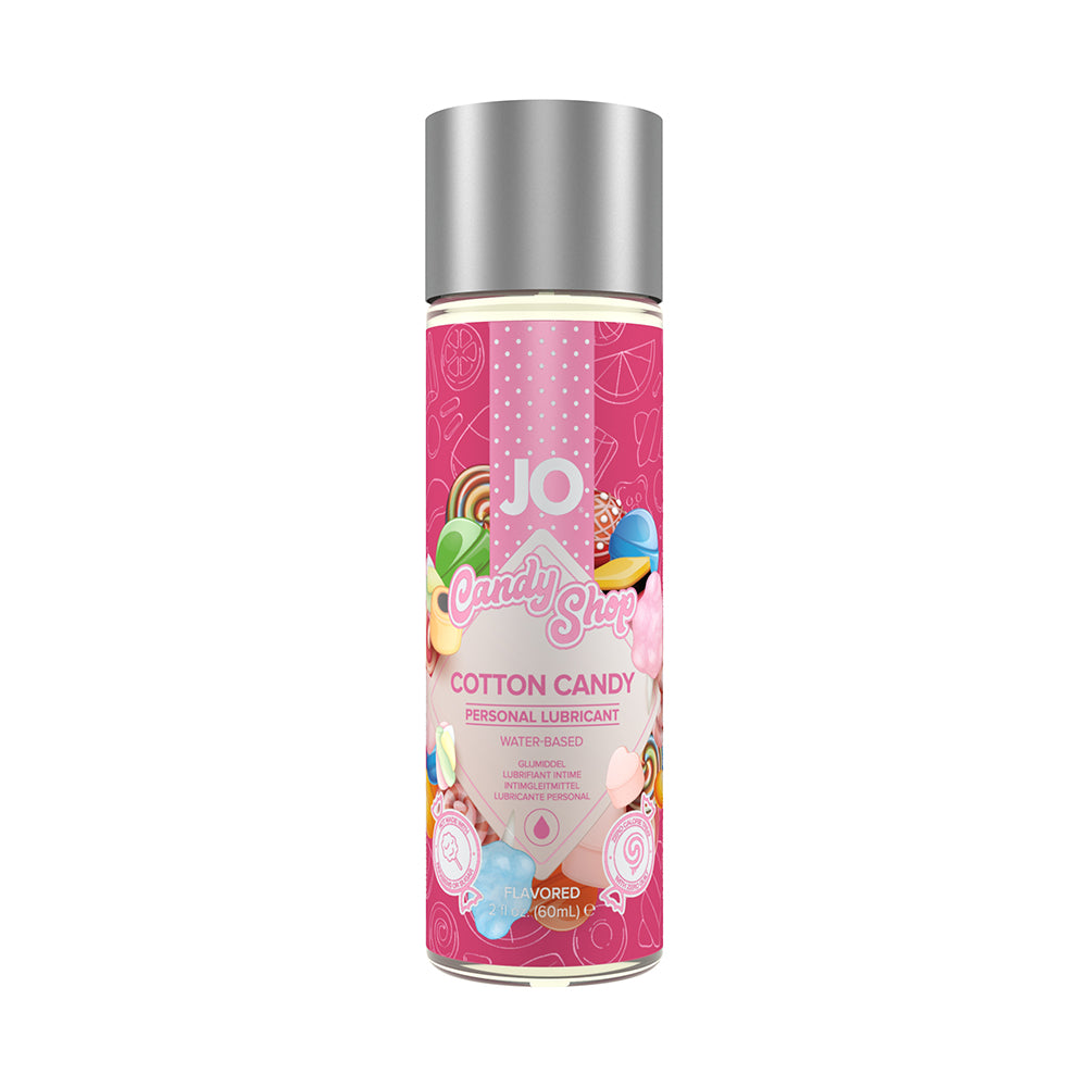 JO Candy Shop Cotton Candy Flavored Water-Based Lubricant 2 oz bottle with pink and blue spun-sugar design label