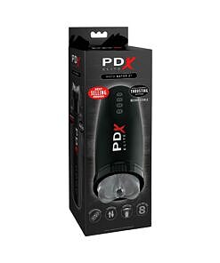 PDX Elite Motobator 2 rechargeable thrusting vibrating masturbator in clear and black with soft sleeve