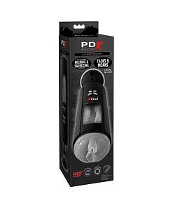 PDX Elite Ultimate Milker gyrating suction stroker with audio and suction cup in clear and black
