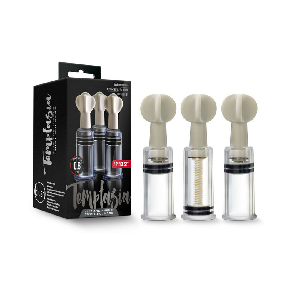 Temptasia Clit and Nipple Twist Suckers 3-Piece Set Clear body-safe acrylic cylinders by Blush