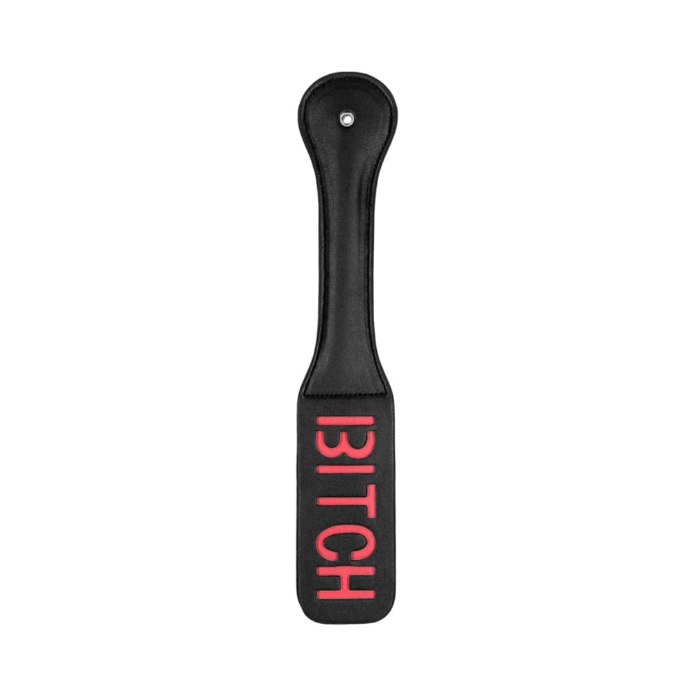 Ouch! Bitch Paddle Black - stitched leather paddle bdsm with reversed text imprint by Shots