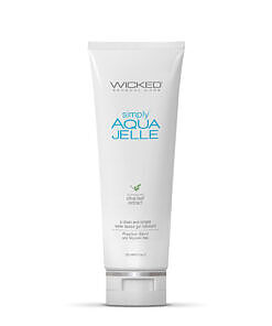 Wicked Simply Aqua Jelle water based lubricant 4 oz bottle on a soft white background with glossy droplet accents.