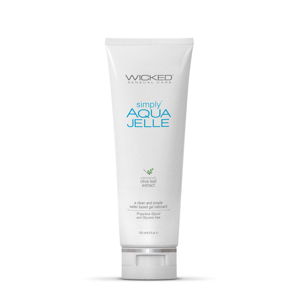 Wicked Simply Aqua Jelle water based lubricant 4 oz bottle on a soft white background with glossy droplet accents.