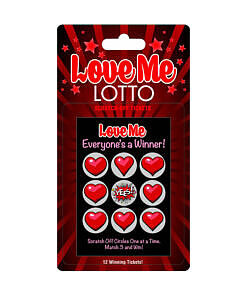 Vibrant pink Love Me Lotto scratch off tickets fanned out on a white party table with confetti.