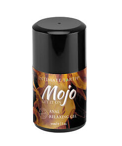 Clear gel bottle of Intimate Earth Mojo Clove Oil Anal Relaxing Gel 1 oz against a soft background.