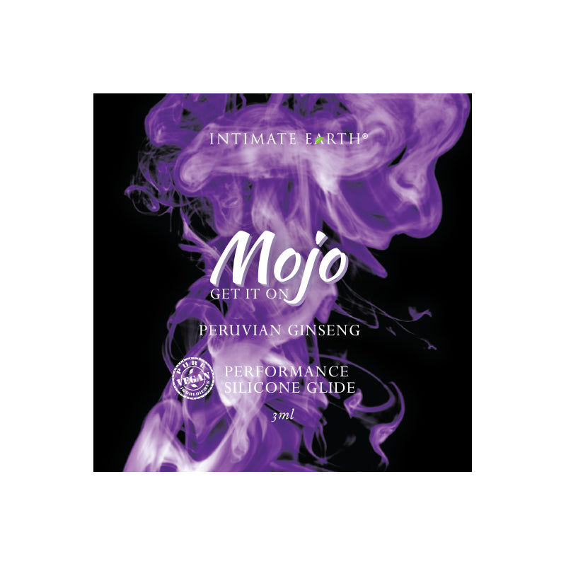 Mojo Peruvian Ginseng Silicone Performance Glide 0.10 oz foil pack against a sleek dark background with subtle reflection.