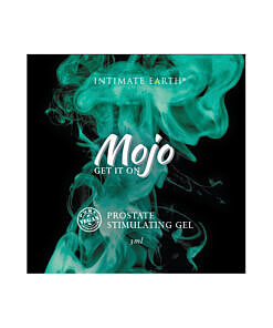 Mojo Niacin and Yohimbe Prostate Stimulating Gel single-use 3ml foil packet with blue and white branding.