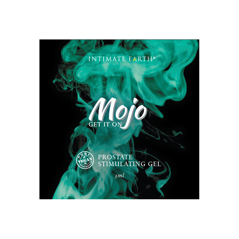 Mojo Niacin and Yohimbe Prostate Stimulating Gel single-use 3ml foil packet with blue and white branding.
