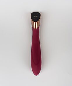 Manto Touch Panel G-Spot Vibrator in wine red silicone with curved tip and touch panel base.