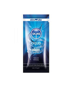 Skins Aqua Water-Based Lubricant 5 ml travel bottle with clear liquid and discreet label on white background.