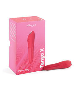 Cherry red We-Vibe Tango X bullet vibrator with curved silicone tip and charging cable on a clean white surface.