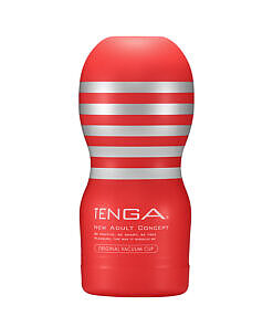 Tenga Original Vacuum Cup with white outer casing and red ribbed inner sleeve held in hand for scale