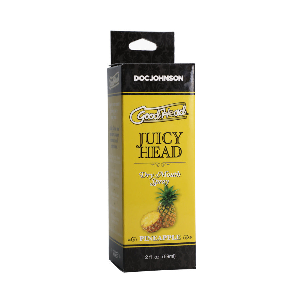 GoodHead Juicy Head Dry Mouth Spray Pineapple 2 fl oz bottle with tropical fruit label and fine mist sprayer.