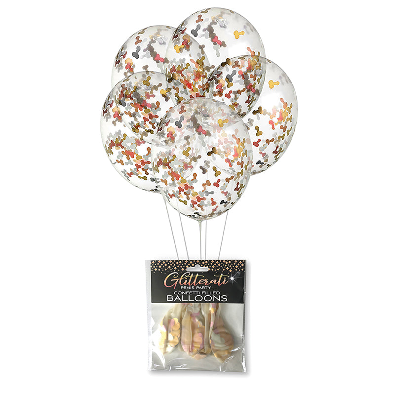 Glitterati Penis Party Confetti Filled Balloons 5-pack with gold and pink confetti