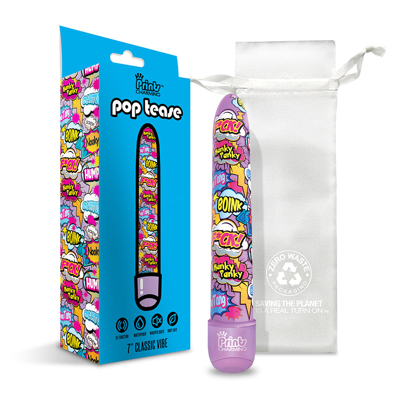 Prints Charming Pop Tease 7" Classic Vibe - F*ck - Purple vibrator with fun print and LED control.