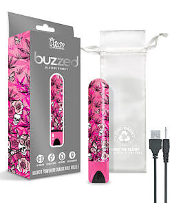 Prints Charming Buzzed Rechargeable Bullet in pink with cannabis leaf print displayed against a white background