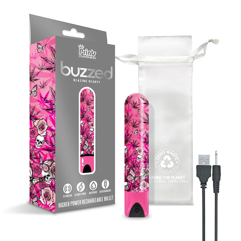 Prints Charming Buzzed Rechargeable Bullet in pink with cannabis leaf print displayed against a white background