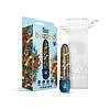 Blue Dream cannabis print 5 inch mini vibrator next to storage bag on zero-waste packaging