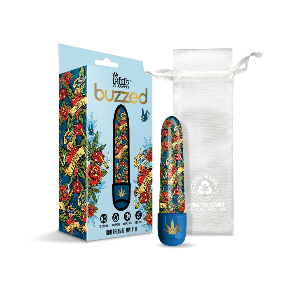 Blue Dream cannabis print 5 inch mini vibrator next to storage bag on zero-waste packaging