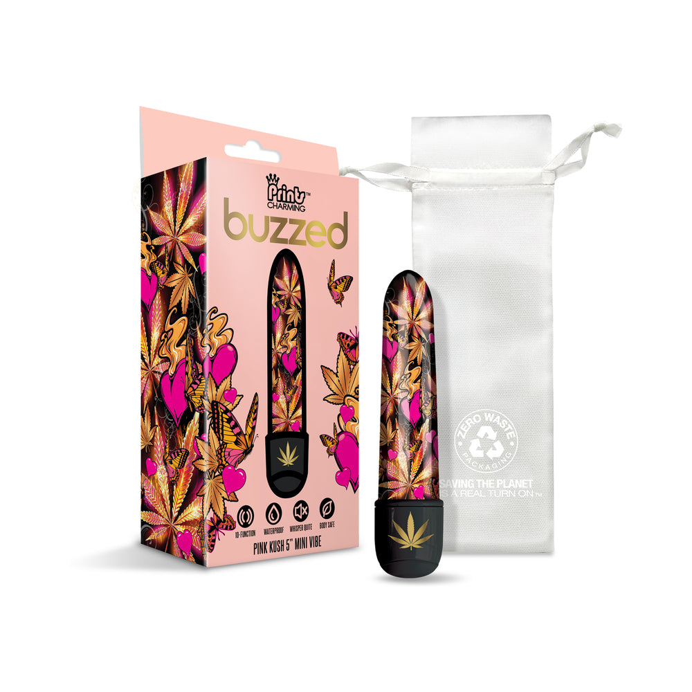 Prints Charming Buzzed 5-inch pink mini vibe with cannabis leaf print on bright pink
